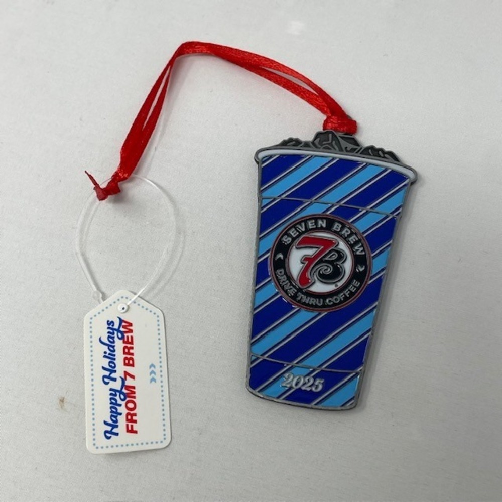 7 Brew Coffee 2025 Holiday Ornament Blue Striped Cup Metal Collectible 7B Logo